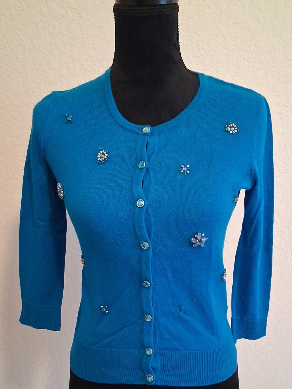 New York & Company Turquoise Embellished Button-Front Cardigan